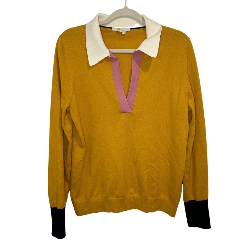 Boden Mustard V-Neck Sweater with Pink and Black Accents